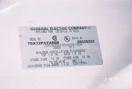 GE Refrigerator Tag